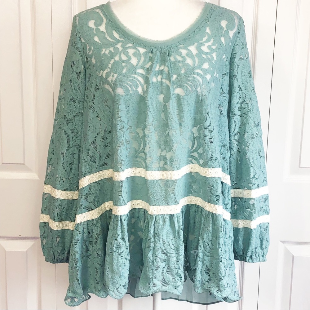 Ryu Boho Mint & Cream Sheer Lace Mixed Media A-Line Blouse Medium